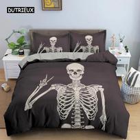 Skeleton Duvet Cover Set Microfiber Bedding Set Twin Size Halloween Funny Skeleton Skulls Bones Comforter Cover for Kids Teens EU Single 135x200cm gray
