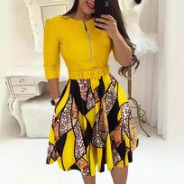 Autumn and winter European and American crew neck printed belt fashion dress women S yellow