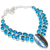 Owyhee Opal, Blue Topaz Handmade Ethnic 925 Sterling Silver Necklace 18  f0f11