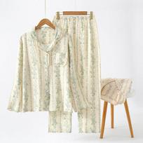 Spring Women's Pajamas Summer Cotton Crepe Homewear Long Sleeve Long Pants 2 Piece Set Ladies Home Furnishing Set M