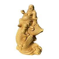 Wooden Carp Maitreya Buddha Decorative Statue ,Creative Solid Wood Art Hand Carving Home Room, Office Fortune Gathering Statue