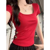 Red French retro square collar exposed collarbone temperament bow hollow summer short-sleeved T-shirt slim fit top S