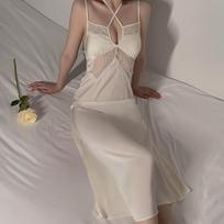 Women Sexy Satin Sleepshirts Mesh Perspective Nightgowns Porn String Hanging Neck Hollow Chest Lounge Comfortable Clothing one size