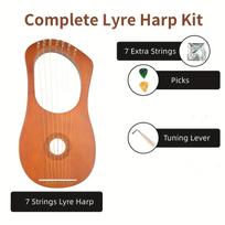 Mahogany 7-String Lyre Harp, Light Beige Varnished Finish with Phosphor Bronze Strings, Portable Small Harp Instrument with Metal Sound Column Mahogany