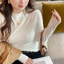 Autumn and Winter German Velvet Half Turtleneck Spliced long-sleeved Warm Inner Layering Shirt Women That Can Be Worn Outside with High Elasticity S