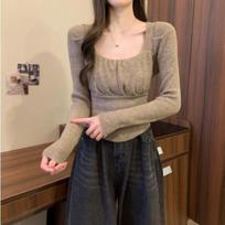 Spring Autumn Elegant Knitted Pullover Women Fashion Square Neck Inner Layer Slim Tops Casual Knitwear Sweater Base Shirt Tops S chaki