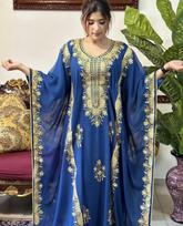 Islamic Kaftan Dubai Handmade Georgette Gown Dress Kaftan Moroccan Stylish XS tamsiai mėlyna spalva