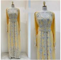 Long Moroccan Hand Work Farasha Dress Islamic Dubai Kaftan Gown Abaya Stylish XS geltona