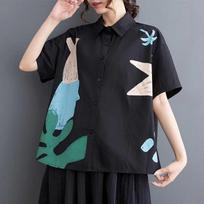 Ladies Summer Loose Large Size Stitching Casual Simple Commuter Sweet Short-sleeved Shirt Shirt one size juoda
