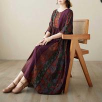 Summer Middle-aged and Elderly Mothers Wear Ethnic Style Round Neck Short-sleeved Loose and Thin Printed Dress one size raudona