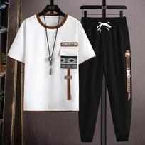 Mens Joggers Set Korean Fashion Outfit Suits Print T-shirt Multi-pocket Cargo Pants 2 Piece Set Summer Clothing 6XL balta