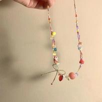 Able Elegant Dainty Colorful Bow Beaded Necklace For Women Girls Delicate Bow Pendant Necklace Daily Wear Jewelry Gifts 1pc beige