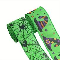 2rolls Halloween Wired Ribbon Green Spider Web Burlap Ribbon Printed Wired Edge Ribbon for Crafts Gifts Tree Top Wreath Bow Party DIY Home Outdoor 2rolls green green