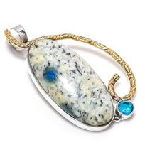 K2 Blue Azurite, Blue Topaz 925 Sterling Silver Gift Two Tone Pendant 2.05  E9J87
