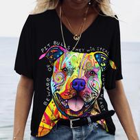 Summer V-neck Animal 3D Dog Pattern Printed Top Fashionable Casual Short Sleeved Women's T-shirts S