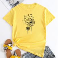 Summer Round Neck Dandelion Dragonfly Pattern Printed Top Fashionable Casual Short Sleeved Women's Pure Cotton T-shirts S