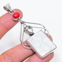 Natural Howlite Jasper, White Topaz 925 Sterling Silver Pendant 3.15  Z7t98