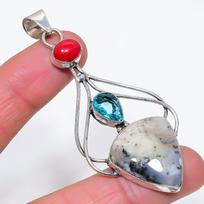Natural Dendrite Opal, Blue Topaz 925 Sterling Silver Jewelry Pendant 3.03  G3k16