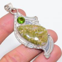 Natural Unakite, Peridot Gemstone 925 Sterling Silver Jewelry Pendant 2.84  h8a01 beige