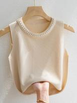 Korea Knitted Vests Women Top Solid Tank Blusas Mujer De Moda Summer New Fashion Female Sleeveless Beading Casual Thin Tops One Size smėlis