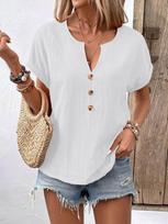 Summer Fashion Casual Solid Color Top Button V-neck Short Sleeved Shirts S balta