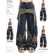 Men's Wide-Leg Retro Jeans with Pentagram Design and Distressed Big Pockets 3XL mėlyna