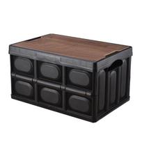 Nešiojama sulankstoma lauko sandėliavimo dėžė su mediniu dangčiu, skirta stovyklavimui ir automobilio bagažinei 42x28.5x23 cm [Approx. 30L] juoda