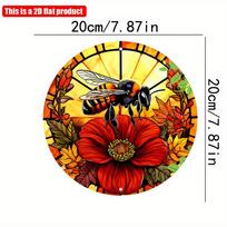 2D flat 20*20cm 1pc yellow Bee Red vibrant flower pattern Unique Round Window Hanging Ornament, Retro Art Pendant For Home Garden And Outdoor Decor 20*20cm