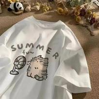 American Street Creative Blow Fan Cat Pure Cotton T-shirt for Men Women Summer Relaxed Short Sleeve Couple Wear Harajuku Top Tee S smėlis