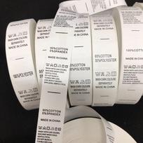 Pre-made synthetic tapes and labels: clothing wash labels, ingredient labels, bilingual wash labels, and printed labels. Synthetic Tape 95% Cotton 5% Spandex (English) white