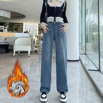 Women's Plush Warm High-Waist Wide-Leg Jeans - American Style, Autumn/Winter Edition M