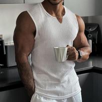 Summer Knitted Vertical Stripes Fitness Sports Slim-fit Vest Men's Industrial V-neck Wide-shoulder Vest Outdoor Sports Vest XS white