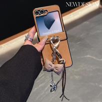PU Leather Bowknot Heart Wrist Strap Phone Case for Samsung Galaxy Z Flip 6 5 4 3 5G Hinge Protection Shockproof Cover For Samsung Galaxy Z Flip 3 beige