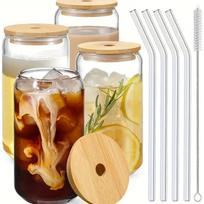 4/6 pieces, glass cup, 17.8 oz/550 ml glass with lid and straw, Mason jar water cup, iced coffee cup, glass cup with bamboo lid, 501-600ml