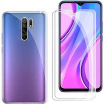 Case For Xiaomi Redmi 9, 2 Pieces Tempered Glass + Transparent Cover Soft TPU Silicone Gel Shockproof Anti-Scratch Case