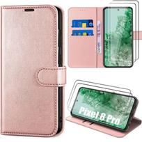 2 Tempered Glasses + Case for Google Pixel 8 Pro, Shockproof Pink Leather Effect 360° Protection