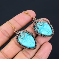 Blue Cameo Face Handmade Copper Wire Wrap Jewelry Earring 2.36 t3g81