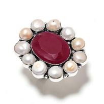 Ruby(Simulated) Pearl Gemstone 925 Sterling Silver Jewelry Ring Size 10 p3j70