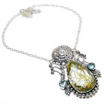 Golden Rutile, Blue Topaz Handmade 925 Sterling Silver Jewelry Necklace 18  T8N79