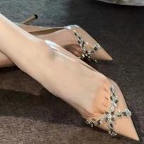 French temperament rhinestone nude high heels women's one-word buckle pointed head thin heel back strap niche banquet elegant single shoes 35 rožinė