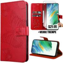 Case - Booling - for Samsung Galaxy S21 FE - Red Synthetic Leather - Butterfly Pattern - 2 Tempered Glass raudona