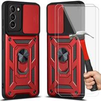Protective Case - PROSHOP - for Samsung S21 - Red - Rigid - Army Style - 2 Tempered Glasses raudona