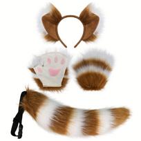 3 vienetų anime cosplay lapės ausų lankeliai, pūkuota uodega ir letenų pirštinės, mieli dirbtinio kailio gyvūnų kostiumų aksesuarai Helovino vakarėliams 3-piece set white