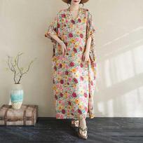 Real Shot Summer Color Vacation Style Travel  Retro Long Dress Covering Meat Cotton and Linen Dress One size