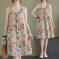 Real Shot Large Size Women's Clothing Summer Loose Suspender A-word Skirt Sleeveless Crew Neck Printed Dress L