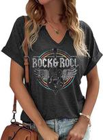 Women Vintage V Neck Shirts Rock and Roll Music Guitar Graphic T Shirt Country Music Tops Teacher Tee Unisex T-Shirt S