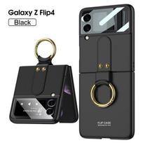 „Samsung Galaxy Z Flip 4 3 Case Luxury“ itin plona oda – Jaučiamas žiedinis laikiklis objektyvo plėvelė, atspari smūgiams, apsauganti kietą nugarėlę For Samsung Z Flip 4 juoda