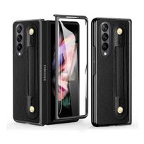 Priekinis grūdinto stiklo plėvelės sulankstomas dėklas, skirtas Samsung Galaxy Z Fold 4 sulankstomas 3 sulankstomas 4 sulankstomas 2 sulankstomas 3 2 neslystantis apyrankės odinis dangtelis for Samsung Z Fold 4 juoda