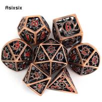 7 Pcs Copper Red Rotary Cyclone Metal Dice Hollow Metal Polyhedral Dice Set Suitable for Role-Playing RPG  Board Game Card Game raudona