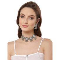 Šviečianti Diva Fashion Naujausias stilingas puošnus oksiduoto sidabro Tribal Choker kaklo papuošalų rinkinys moterims